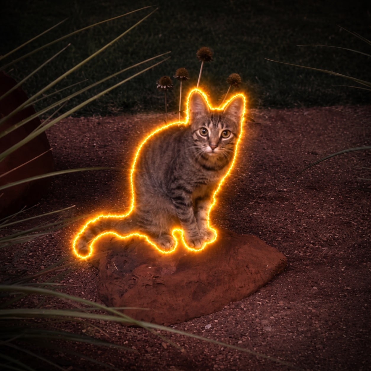 Tabby cat surrounded by a glowing orange outline at night